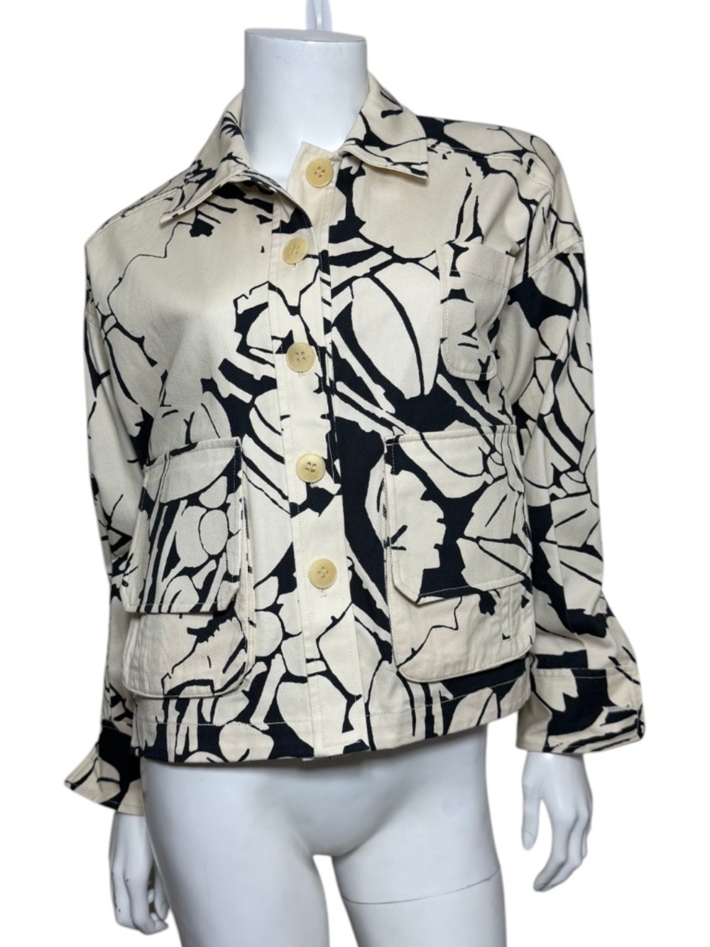 Psophia Vazquez De Castro 100% Cotton Black Ivory Abstract Floral Jacket Size XS